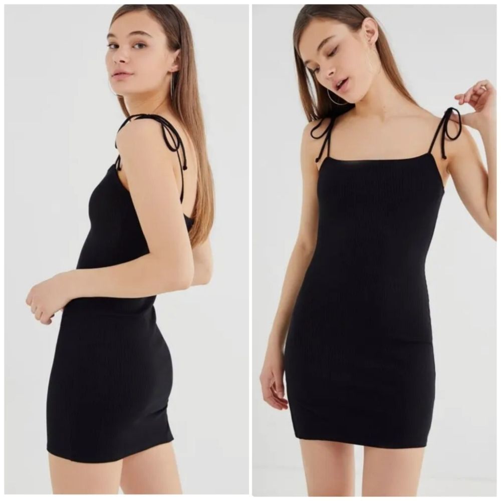 Urban Outfitters Women's M Tie Shoulder Finn Ribbed Mini Bodycon Dress Black